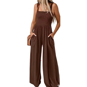 KIRUNDO Womens Jumpsuit 2026 Summer Casual Loose One Piece Overalls Smocked Sleeveless Wide Leg Rompers With Pockets, Large