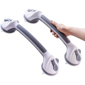 Shower Grab Bars for Seniors 2 Pack,16.8" Suction Shower Handle with Safety Indicator, No-Drill Bathroom Safety Rails for Elderly, Bathtub & Tile/Glass (Gray)