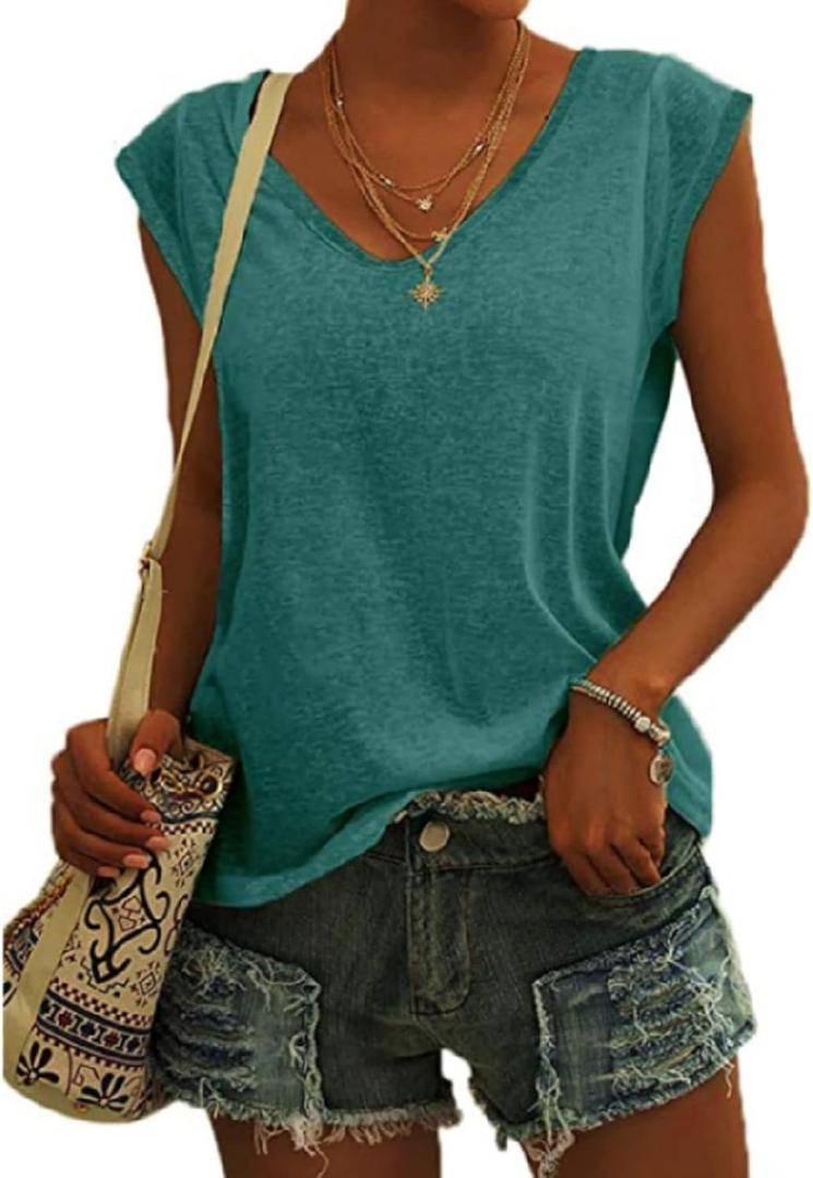 SOUWINEMYI Womens Cap Sleeve T Shirts V Neck Casual Tops Oversized T-Shirt Summer Trendy Lightweight Loose Fit Basic Tees (Green, M)