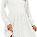 AUSELILY Womens Fall Dress 2025 Long Sleeve V Neck Short Dress Lightweight Casual Knit Sweater Dresses with Pockets (X-Large, White)