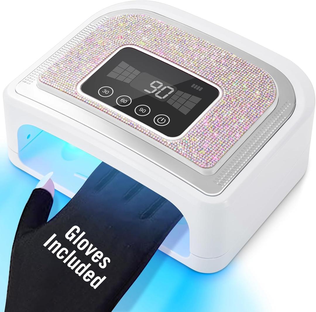 Cordless Nail Lamp, Rechargeable UV Nail Lamp for Gel Nails, LED Nail Lamp with 4 Timer Modes, Gel Nail Light Decorate with Sparkling Nail Rhinestones Diamond (Sparkly Diamond and White)
