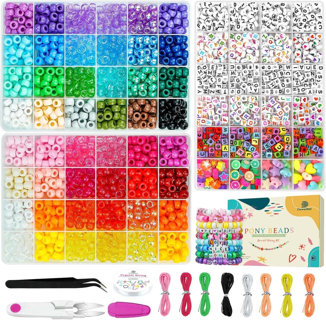 Dowsabel Friendship Bracelet Making Kit, Pony Kandi Beads & 11 Different Beads, 8 Colors Nylon Thread, DIY Jewelry & Craft Gifts for Girls Age 6-13(48 Colors)