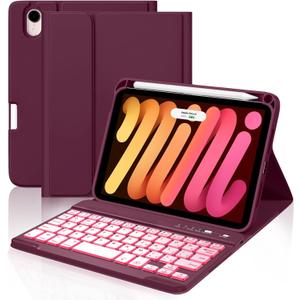 Cousper for iPad mini 7 Keyboard Case A17 Pro 2024/iPad Mini 6 Generation Case with Keyboard 2021 8.3 Inch, Pencil Holder, 7 Color Backlit Detachable Keyboard Cover for iPad mini 7th/6th Gen, Mulberry