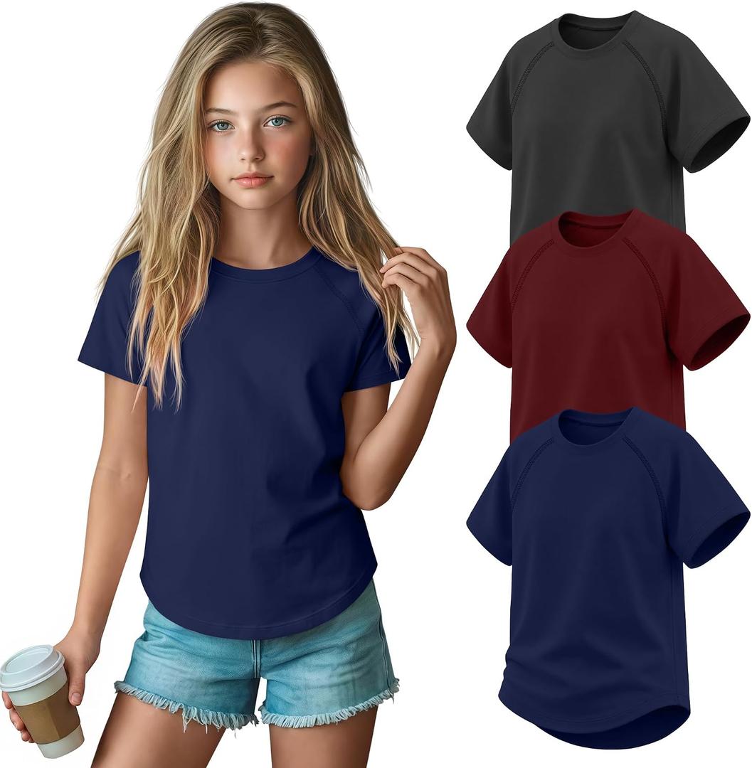 3 Pack Girls' Short Sleeve T-Shirts Loose Fit Crew Neck Tops Raglan Curve Hem Shirts Casual Kids Basic Tees 5-14Y