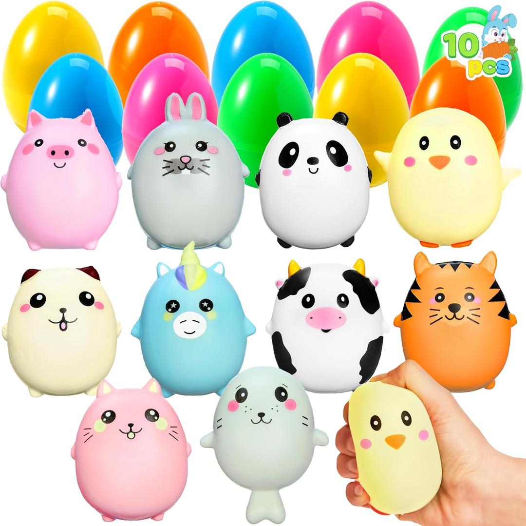 10 x JOYIN 10 Pcs Jumbo Easter Eggs Filled with Cute Stress Reliever Animal Squishy Toy for Easter Egg Hunt, Kids Party Favor, Basket Stuffers, Filling Treats, Goodie Bag Fillers, Classroom Prize Supplies