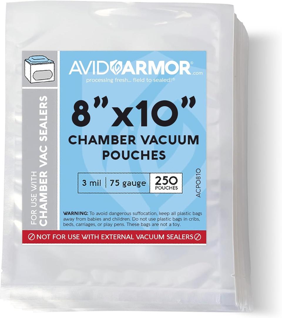 Avid Armor Chamber Vacuum Sealer Bags  Heavy Duty, BPA-Free, Pre-Cut Chamber Vacuum Bags for Food Preservation, Freezer Storage, Sous Vide and more, 250/Pack (8x10)  Multi-Use Vacuum Bags