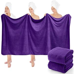 2 Pcs Extra Large Bath Sheets 40 x 80in Oversized Jumbo Bathroom Towel Giant XXL Coral Fleece Beach Sheets Soft Quick Dry Absorbent with Hanging Loop (Purple)