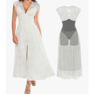 Popilush Women's Formal Wedding Guest Lace Sleeveless V Neck Maxi Shapewear Dress Evening Mother of Bride Split Dresses, M