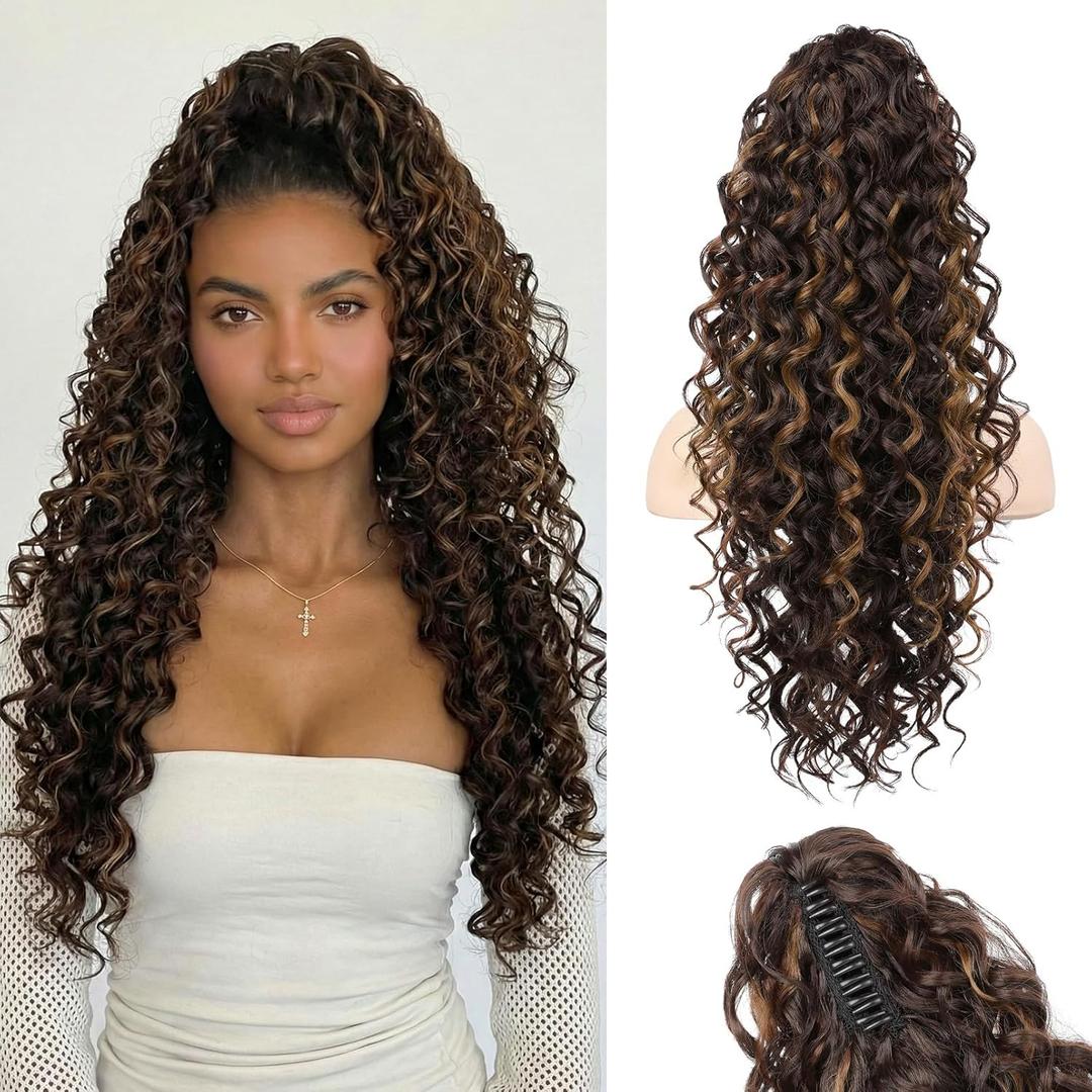 Ponytail Extension, HOOJIH Clip in Ponytail 24 Inch Hair Extension Curly Wavy Ponytail Fluffy Soft Synthetic Fiber Hair Pieces for Women - Chocolate Brown with Golden Highlights
