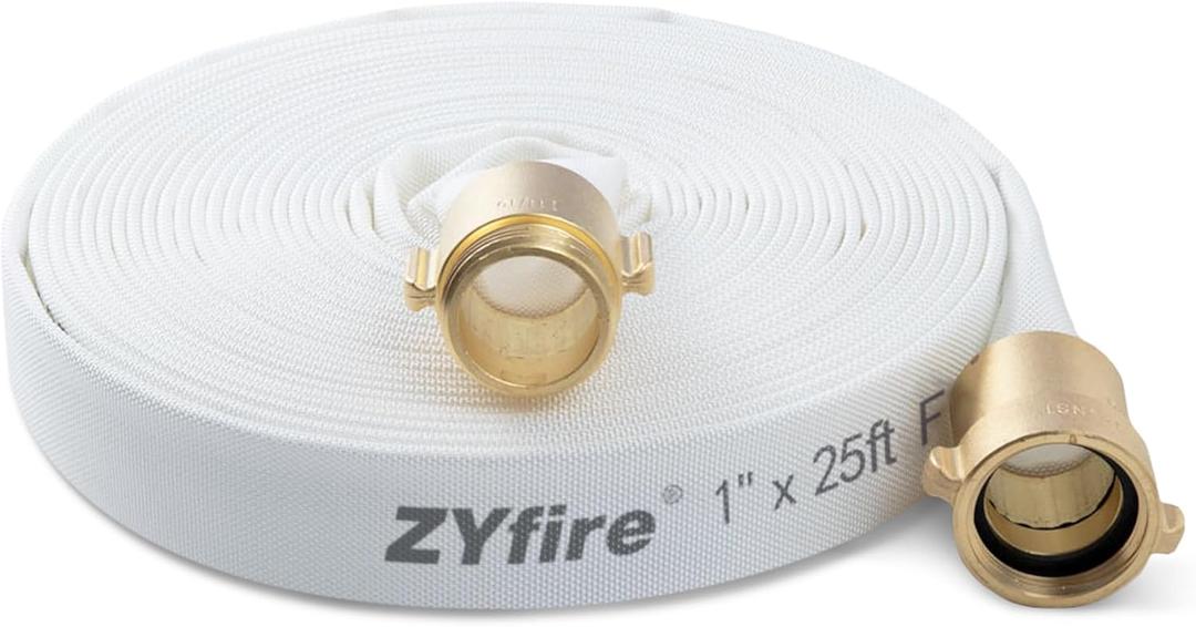 ZYfire Fire Hose - 1" ID x 25 FT Single Jacket TPU Firefighter Hose with M  F NST/NH Brass Couplings 750 PSI Burst Pressure Lightweight for Use in Firefighting
