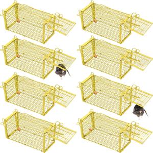 Qualirey 8 Pcs Humane Rat Trap Chipmunk Squirrel Cage Trap 4.33 x 4.33 x 9.06 Inches Foldable Rodent for Small Live Animal Voles Hamsters Catch and Release for Kitchen Yard Garage (Yellow)