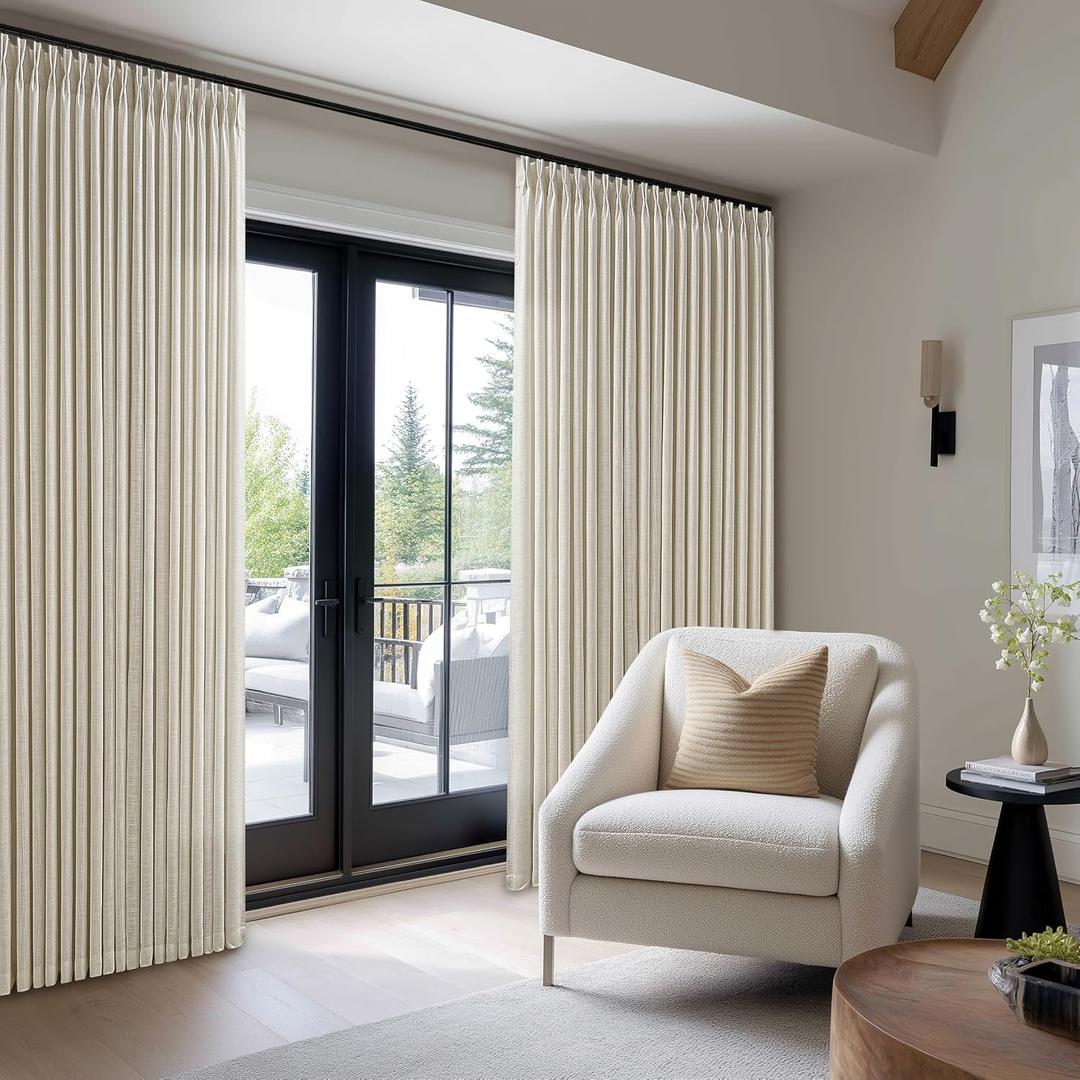 Pinch Pleated Linen 108 Inch Curtains 100 Inch Width for Living Room Light Filtering Beige Tan Flax Linen Memory Trained Extra Wide Patio Curtains for Sliding Glass Door Balcony Large Window 100x108