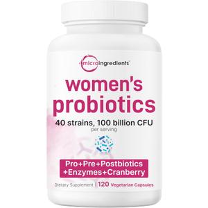 Micro Ingredients Probiotics for Women 100 Billion CFU with Prebiotics, 120 Veggie Capsules | pH Balance, Urinary Tract, Vaginal & Gut Health Support* | 40 Strains with Cranberry, D-Mannose & More BBD 03/2028