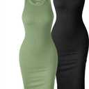 OQQ Women's 2 Piece Dress Sexy Ribbed Halter Neck Fashion Split Tank Tops Dresses Black Pea Green, Small