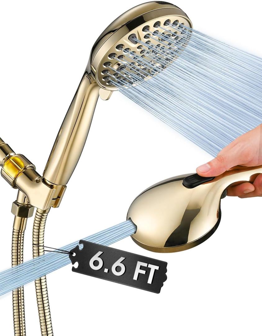 High Pressure 10 Setting Handheld Shower Head, 5" Detachable Showerhead Spray Built-in Power Wash to Clean Tub, Tile & Pets, 79" Extra Long Stainless Steel Hose, Adjustable Bracket - Gold (Zirconium Gold)