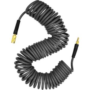 YOTOO Polyurethane Recoil Air Hose 3/8" Inner Diameter by 50' Long with Bend Restrictor, Repairable 1/4" Industrial Quick Coupler and Plug, Gray