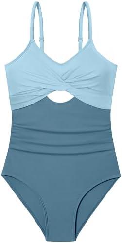 WIQI Girls Swimsuit One Piece Bathing Suit Twist Front Cutout Adjustable Straps Ruched Girls' Swimwear Size 11-12 Y