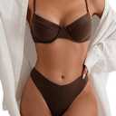 SweatyRocks Women's 2 Piece Bikini Set Spaghetti Strap High Cut Push Up Underwire Swimsuit Coffee Brown S