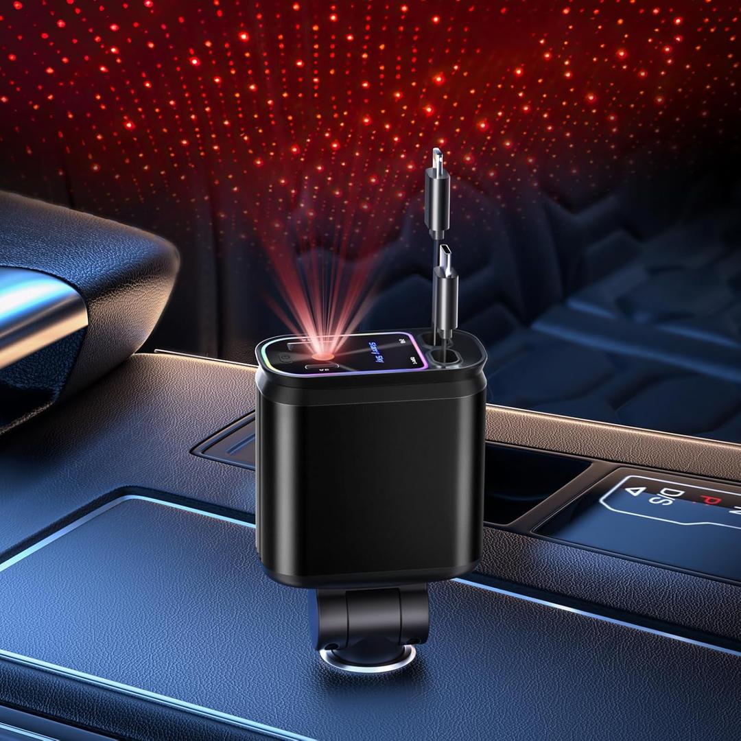 Starlight Retractable Car Charger with Retractable Cables, Starlight in Car Roof 4 in 1 Super Fast Car Phone Charger, 2 USB Ports Starry Sky Adapter, Compatible with iPhone 15 14 13 (Deep Black)