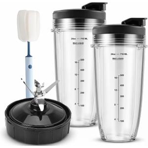 6pcs Cups Replacement and Blade Compatible with Ninja Blender, 24oz Ninja Cups for Blender and 7Fins Blade Replacement, Ninja Blender Replacement Parts for BL642-30 BL450-30 BL482-30 BL687CO-30 ect.
