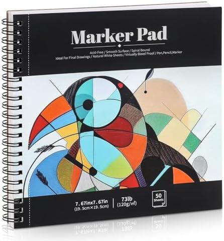 50 Sheets Marker Paper Pad, 7.6×7.6 Inch Bleedproof Art Sketch Pad, 73lb/120gsm Drawing Paper Spiral Sketch Book, Marker Paper Painting Coloring Paper for Beginners, Artists, Ideal Gift