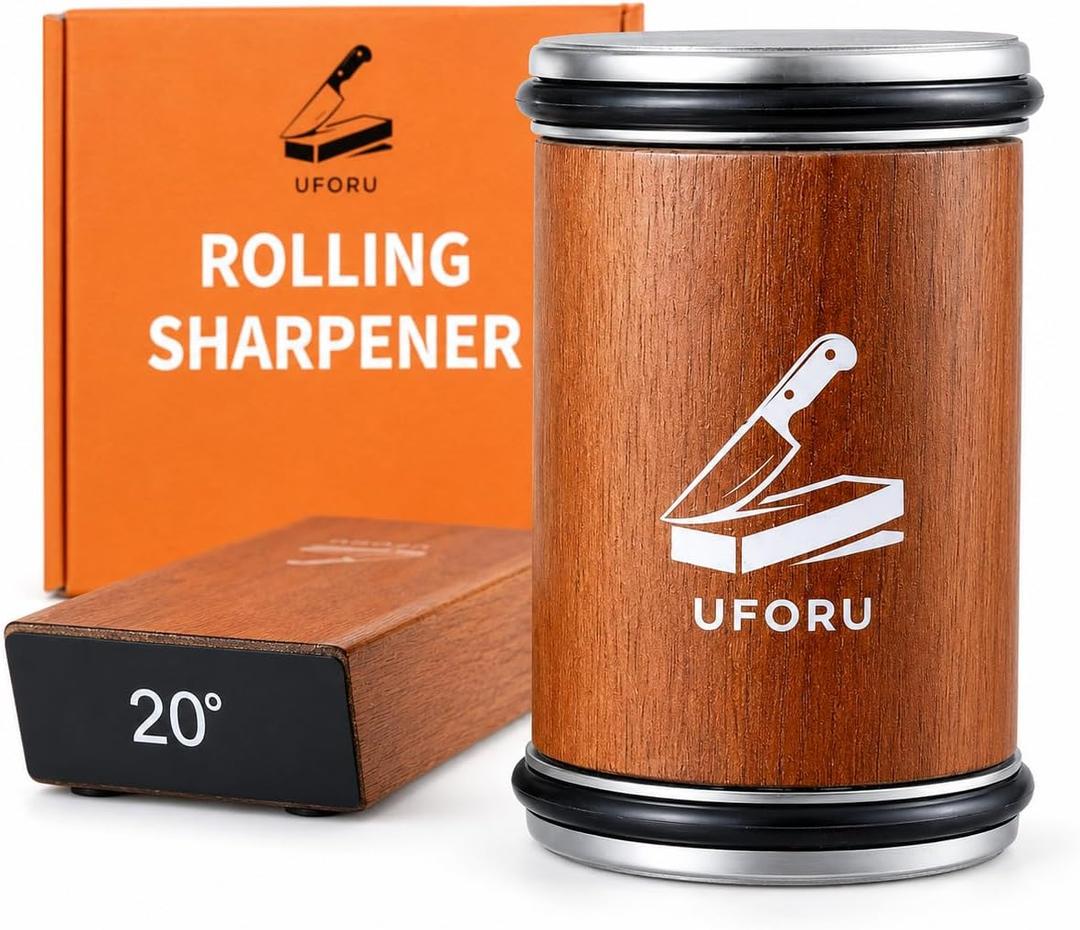 UFORU Rolling Knife Sharpener Kit, Knife Sharpener Tool with 15° & 20° Magnetic Angle Guide, Diamond Discs, Leather Strop, Wooden Kitchen Knife Sharpening System for Chef Knives