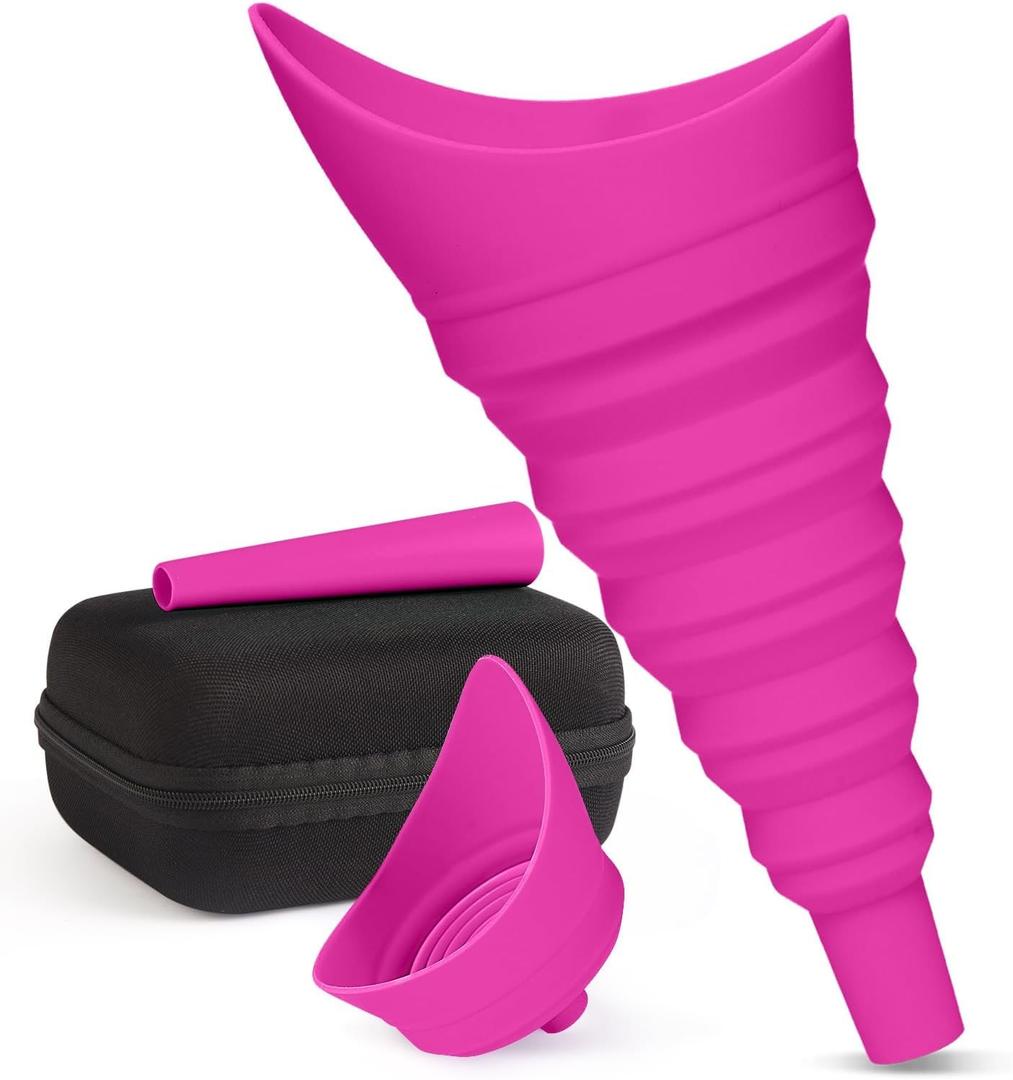 Female Urination Device Foldable Urine Funnel, Pee Funnel for Women with Extension Tube & Waterproof Case, Stand to Pee for Travel Camping Hiking (Purplish Red with Waterproof Bag and Box)
