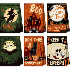 6Pcs Halloween Kitchen Hand TowelsGhost Trick or Treat Pumpkin Cat Bat Skull Tea Towel Dish Set Decorations for Holiday Bathroom Decor