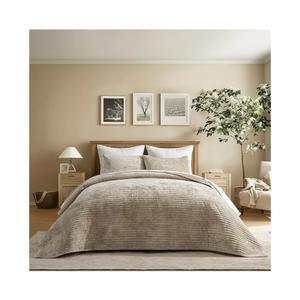 EVERGRACE Velvet Quilt Set King Size, Luxurious Soft Striped Channel Bedding Set, Lightweight Velvet Comforter for All Season, Oversized Bedspread Coverlet with 2 Matching Shams, Beige Taupe