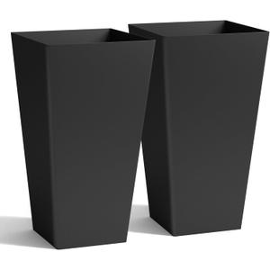 Worth Garden 20" Tall Planters Set of 2 – Large Black Tapered Plastic Flower Pots for Indoor & Outdoor Use – Modern Plant Containers with Drainage Holes – Ideal for Front Porch, Patio, Balcony