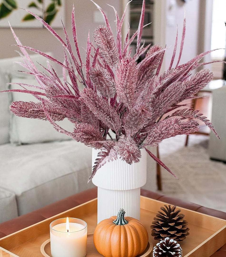 7 PCS Artificial Fall Stem Fake Plants, 26 in Fake Leaves Autumn Greenery Branches Fall Flowers Faux Foliage DIY Stems for Vase Thanksgiving Home Kitchen Office Indoor Centerpiece Table Decoration (Purple)