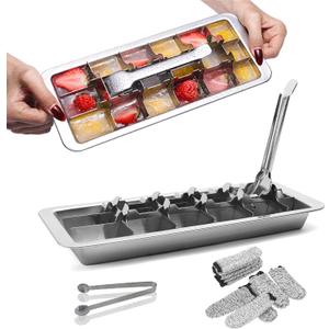 Stainless Steel Ice Cube Trays, Metal Ice Cube Trays for Freezer Vintage Inspired Design with Release Lever Remove Handle for Making Large Cubes Kitchen & Bar (1pcs+Tweezers & Finger Gloves)