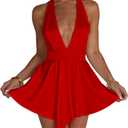 LuFeng Women's Sexy Sleeveless Halter Deep V Neck Backless Tie Back Waist Flowy Drape Satin Cocktail Mini Dress (Medium, Red)