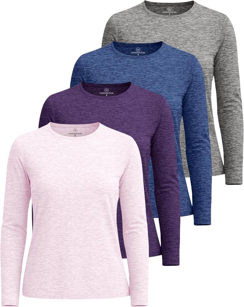 Real Essentials 4 Pack: Women's UPF 50+ Quick Dry Fit Sun Shirts Long Sleeve UV SPF Hiking Top Outdoor 