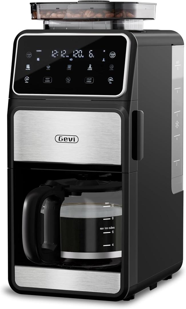 Gevi 10 Cup Drip Coffee Maker with Built-in Grinder, Grind Brew Burr Combo Coffee Machine with Touch Screen, Programmable, 4-Hour Warm Plate, Permanent Filter, Coffee Carafe