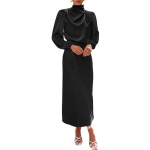 BTFBM Womens Mock Neck Satin Dress 2025 Summer Spring Long Sleeve High Waist Wedding Party Maxi Formal Cocktail Dresses (X-Large, Black)