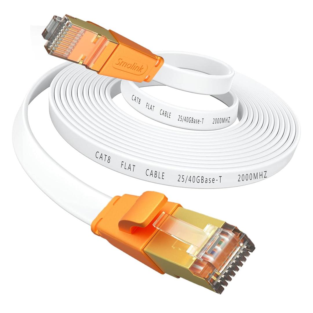 Smolink Ethernet Cable 25 FT, Cat 8 Ethernet Cable 2000Mhz 40Gbps, Internet Cable Professional Flat LAN Cable SFTP Patch Cord with Gold Plated RJ45 Connector for Router Modem, White