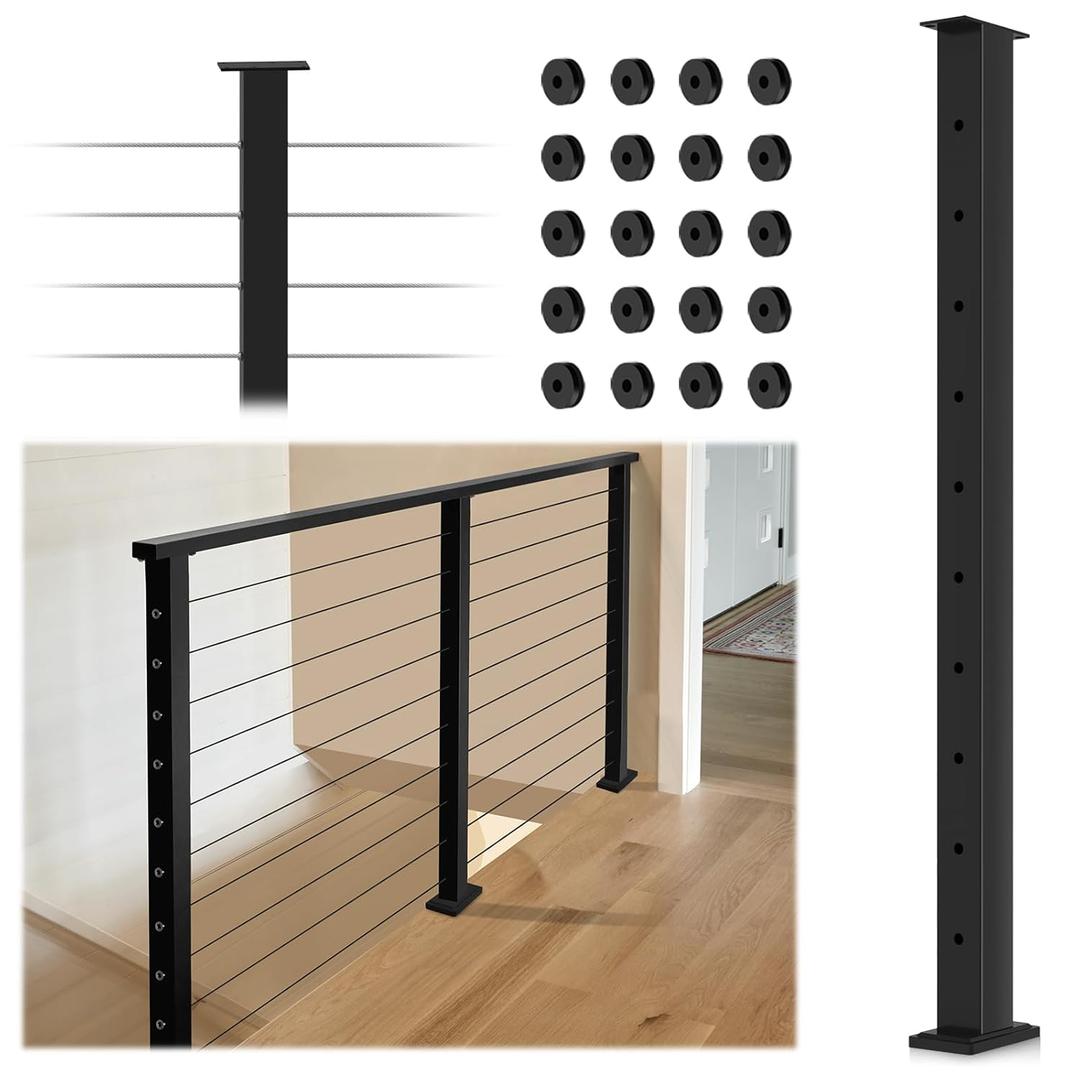 Cable Railing Post 36Inch, Level Drilled Railing Line Post with Flat Design Silicon Rings, Stainless Steel Horizontal Hole Deck Wire Railing Post, Black Finish Flat Top Cable Handrail Post