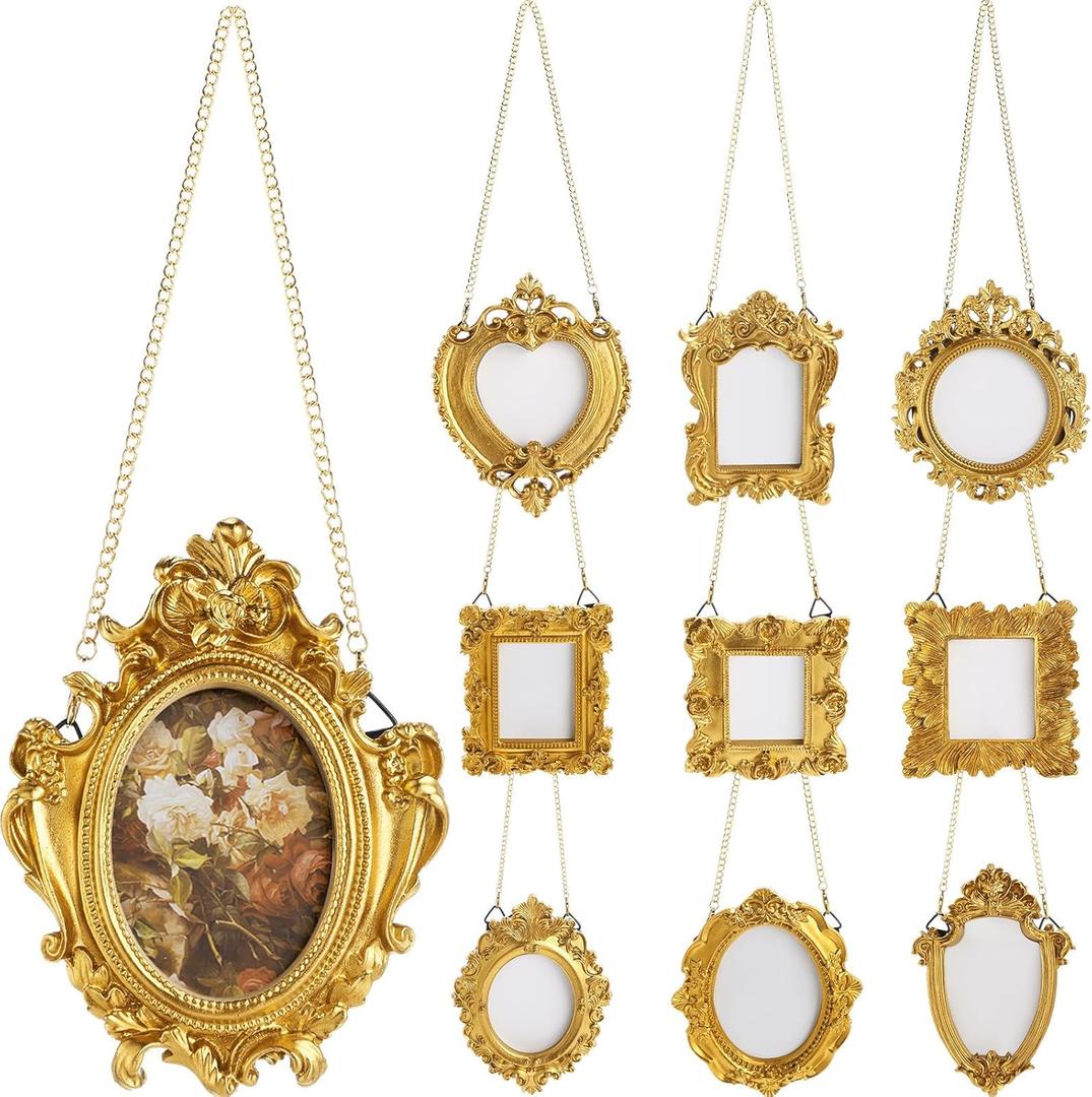 Weysat 10 Pcs Gold Vintage Mini Picture Frame Tiny Ornate Resin Picture Frames Oval Rectangle Baroque Antique Hanging Ornament with Back and Chain for Wall Home Wedding