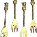 India Handicrafts Tropical Pineapple Handle, Gold Tone 5.5 Inch Stainless Steel Small Dessert Hors d'oeuvres Fork; Set of 4