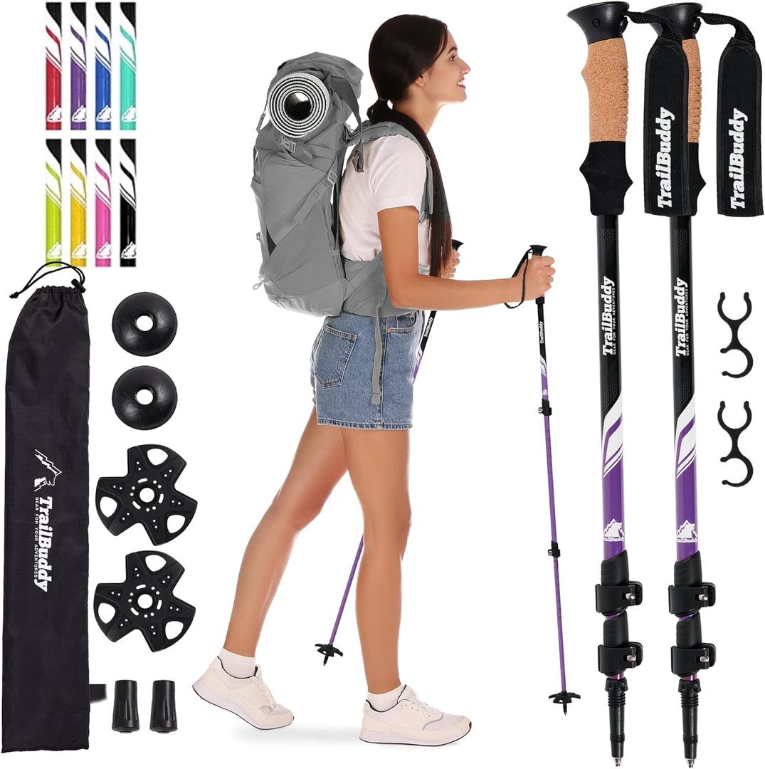 TrailBuddy Trekking Poles - Lightweight, Collapsible Hiking Poles for Snowshoe & Backpacking Gear - Pair of 2 Walking Sticks for Hiking, 7075 Aluminum with Cork Grip (Plum Purple)
