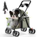 GTPLAYER Foldable Pet Stroller for Small Dogs and Cats, Hold Up to 33 lb, 4-Wheel Stroller with 2 Safety Tethers, Breathable Mesh, Lockable Front Wheels, Cup Holder/Tray & Storage Pocket, Forest Green