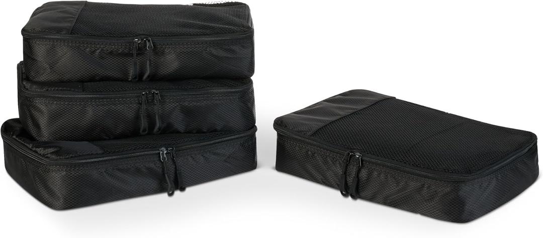 Amazon Essentials 4-Piece Packing Cubes Travel Accessories Set, Luggage Organizer with Double Zipper, Mesh Top, Space-Saving, Medium, Black (Previously Amazon Basics)