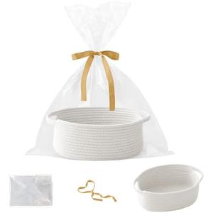 HZFTJOY Small Woven Rope Basket-Empty Gifts Basket with Bag and Ribbons,Cute Handle Organizer Box for Birthday/Baby Shower, Toy Storage, Nursery Organizing & Shelf Decor(White)