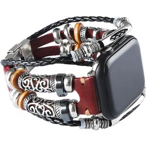 Compatible with Apple Watch Band 46mm 45mm 44mm 42mm 41mm 40mm 38mm 49mm, iWatch Series 10/9/8/7/SE/6/5/4/3/2/1/Ultra, Leather Boho Bracelets Jewelry Multilayer Metal Cuff Retro Strap for Men&Women