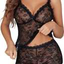 Avidlove Sexy Womens Pajama Sets Lace Lingerie Set Sheer Sleepwear V Neck Cami PJS Set Black S