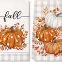 ARKENY Fall Kitchen Towels Set of 2,Orange Pumpkin Grey Buffalo Check Autumn Dish Towels 18x26 Inch Drying Dishcloth,Farmhouse Home Decoration AD118