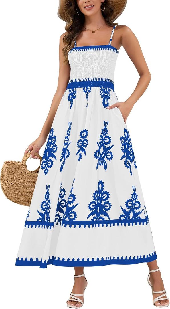 Summer Dress for Women Boho Floral Sundress 2025 Flowy Casual Spaghetti Strap A Line Beach Vacation Maxi Dress (White, S)