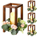 Amyhill 12 Pcs Wooden Lantern Centerpieces for Wedding Rustic Wedding Table Decorations Decorative Wooden Lantern Candle Holder with Flameless LED Candles Candle Rings Wreaths for Christmas (Fresh)