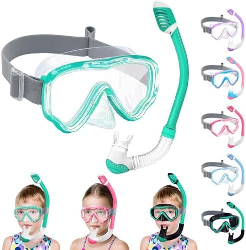 Vvinca Snorkeling Gear for Kids Dry Top Kids Snorkel Set for Boys Girls Junior Youth Children Age 4-14 Swim Goggles with Nose Cover Anti-Fog Panoramic View Adjustable Elastic Diving Mask and Snorkel